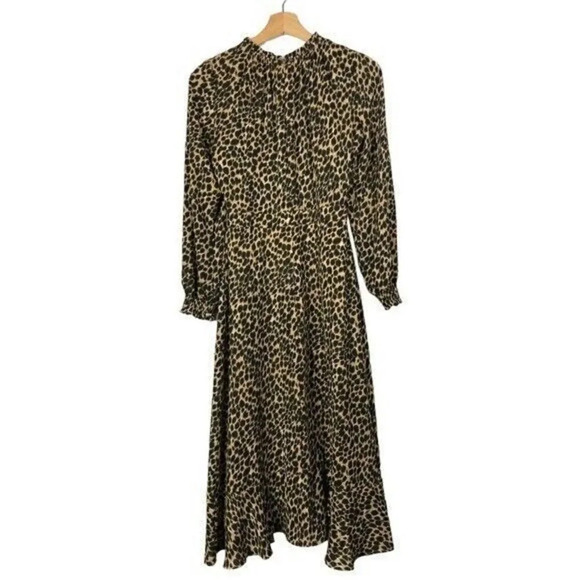 J. Crew Brown Leopard Print Ruffle Neck Peasant Long Sleeve Midi Dress 0 - Picture 2 of 7